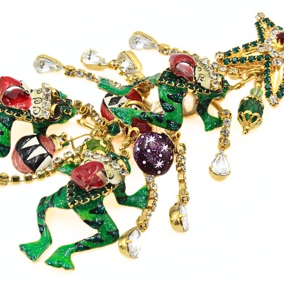 Magnificent Lunch At Ritz Enamel Frog Christmas Tree Holiday Brooch Earrings Se - Picture 6 of 12